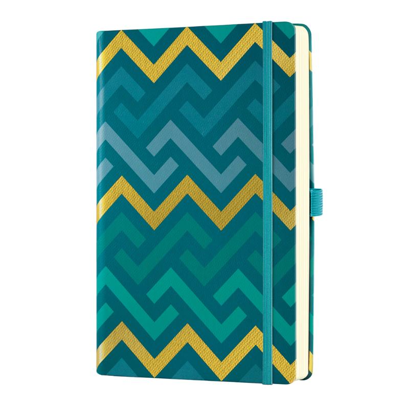 Elegant A5 ruled notebook with textured cover, geometric designs, gold ribbon marker, and eco-friendly features.