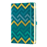 Elegant A5 ruled notebook with textured cover, geometric designs, gold ribbon marker, and eco-friendly features.