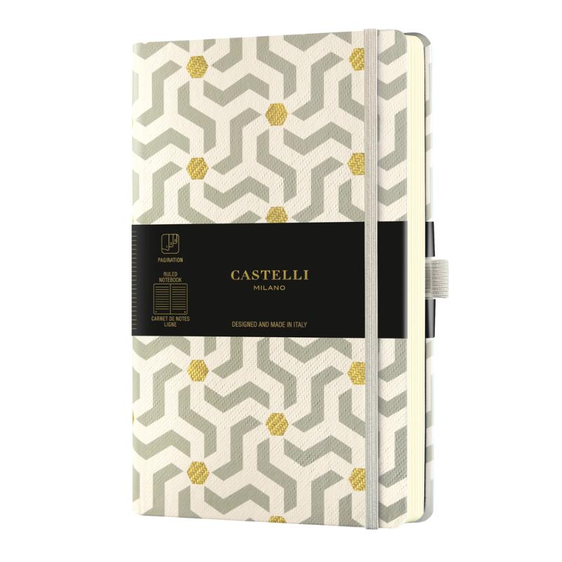 Luxurious A5 ruled notebook with geometric designs, metal accents, and gold ribbon marker, perfect for stylish note-taking.