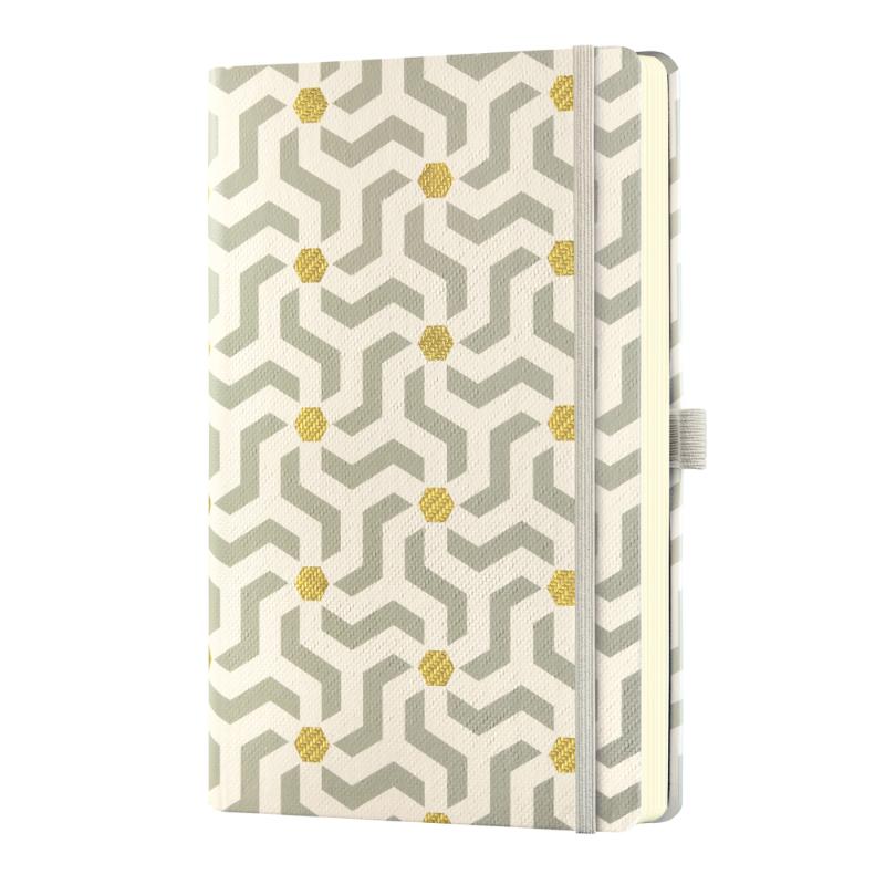 Luxurious Castelli A5 ruled notebook with geometric designs, gold accents, ribbon marker, and eco-friendly FSC certification.