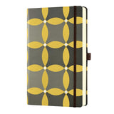 Elegant A5 notebook with textured weave, ruled ivory pages, gold ribbon marker, and document pocket, crafted in Italy.