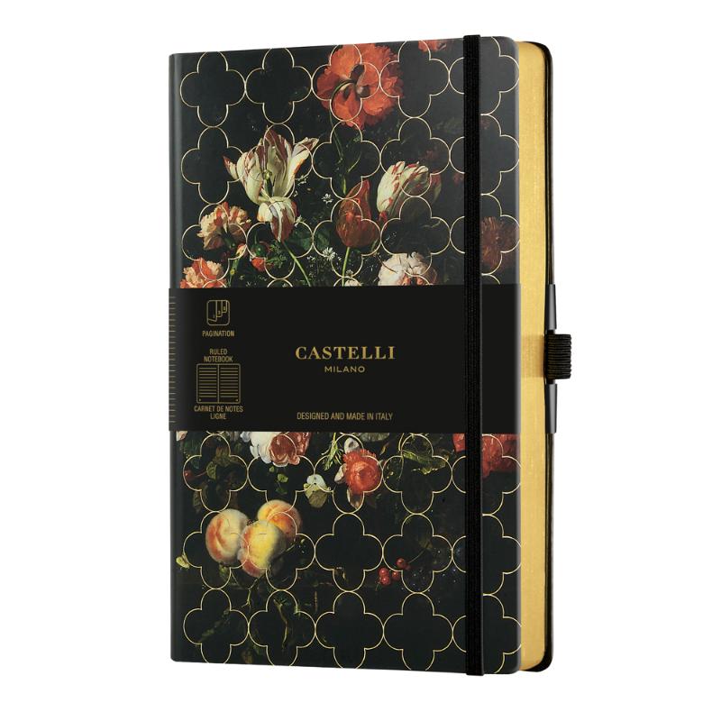 A5 ruled notebook featuring vintage tulip design, gold detailing, eco-friendly paper, and indexed pages for easy navigation.