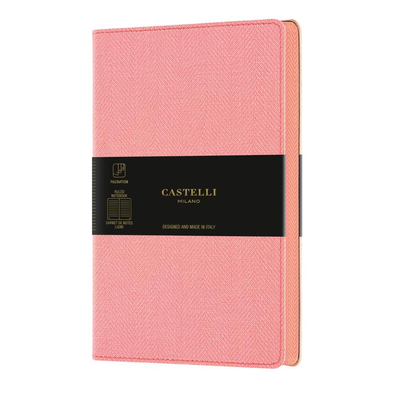 A5 ruled notebook in Petal Rose with tweed cover, ivory pages, page numbering, index, and a matching ribbon marker.