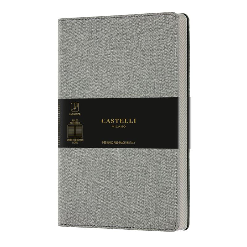 Elegant A5 ruled notebook in Oyster Grey with a flexible tweed cover, ivory pages, and stylish ribbon marker.