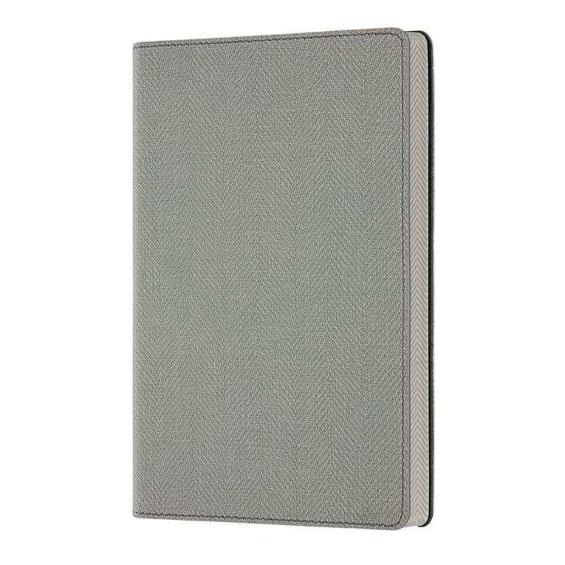 Elegant A5 ruled notebook in Oyster Grey with soft tweed cover, numbered pages, and ribbon marker for organized note-taking.