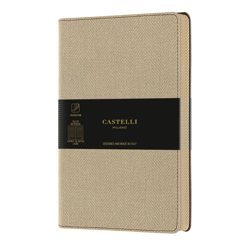 Elegant A5 ruled notebook with a tweed effect cover, patterned edges, ribbon marker, and sustainable materials, made in Italy.