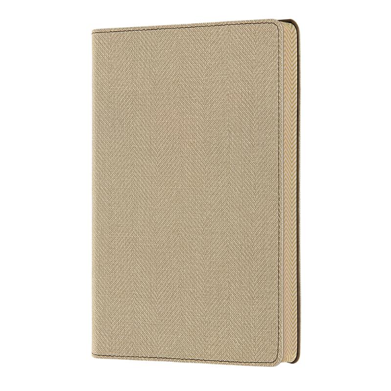 Elegant A5 ruled notebook with a tweed effect cover, ribbon marker, and vibrant page edges, made in Italy with FSC certification.