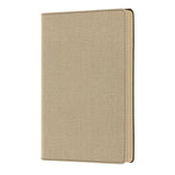 Elegant A5 ruled notebook with a tweed effect cover, ribbon marker, and vibrant page edges, made in Italy with FSC certification.