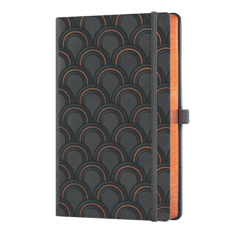 Luxurious A5 ruled notebook with tactile embossing, copper details, and Art Deco design; features include ribbon marker and document pocket.