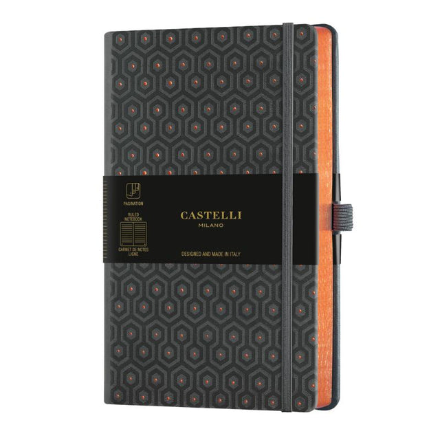 Elegant A5 ruled notebook with a striking copper embossed cover and luxurious features, designed for stylish writing.