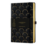 Elegant A5 ruled notebook with copper and gold design, embossed cover, gold edges, and elastic band for convenient writing.