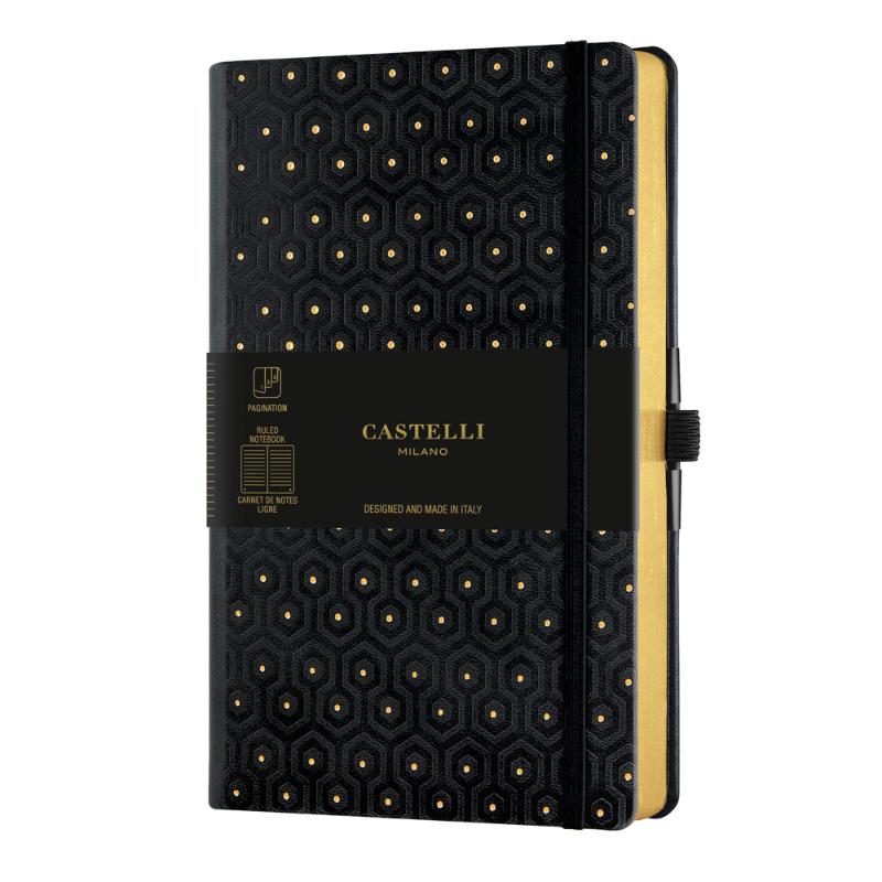 Elegant A5 ruled notebook with honeycomb embossed gold foil cover, eco-friendly pages, and a luxurious feel.