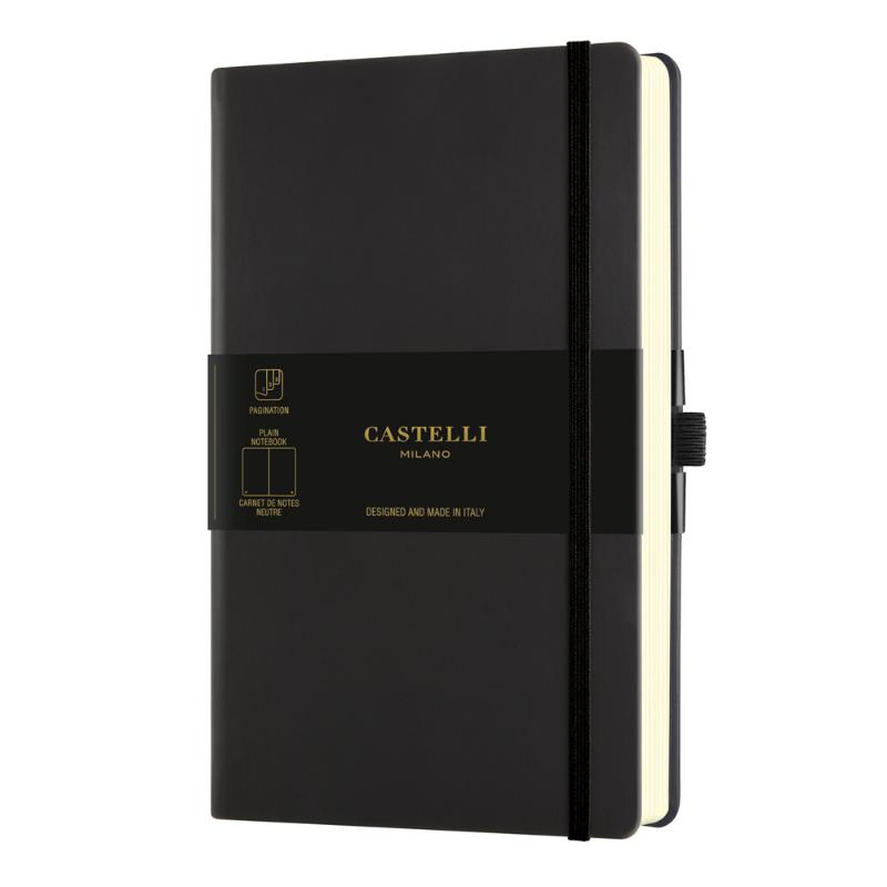 Stylish A5 black notebook with elastic closure, ribbon marker, and plain pages for notes and sketches, crafted in Italy.