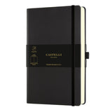 Stylish A5 black notebook with elastic closure, ribbon marker, and plain pages for notes and sketches, crafted in Italy.