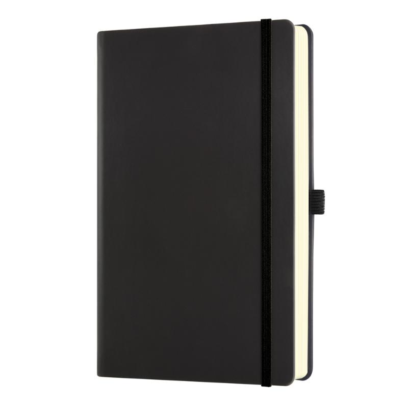 Elegant A5 black notebook with elastic closure, plain pages, ribbon marker, and document pocket; crafted in Italy.