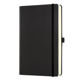 Elegant A5 black notebook with elastic closure, plain pages, ribbon marker, and document pocket; crafted in Italy.