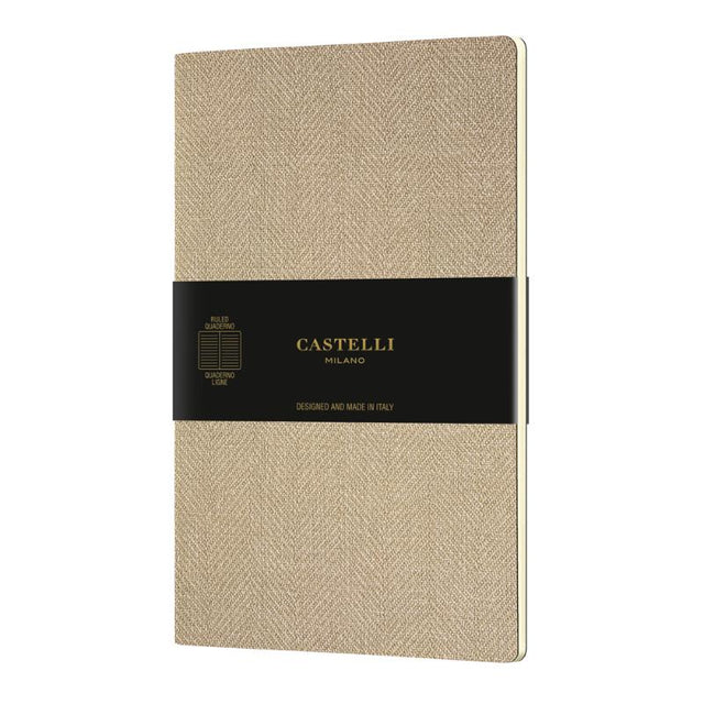 Elegant A5 soft cover notebook in Harris Sand, featuring a flexible tweed effect and smooth ivory ruled paper.