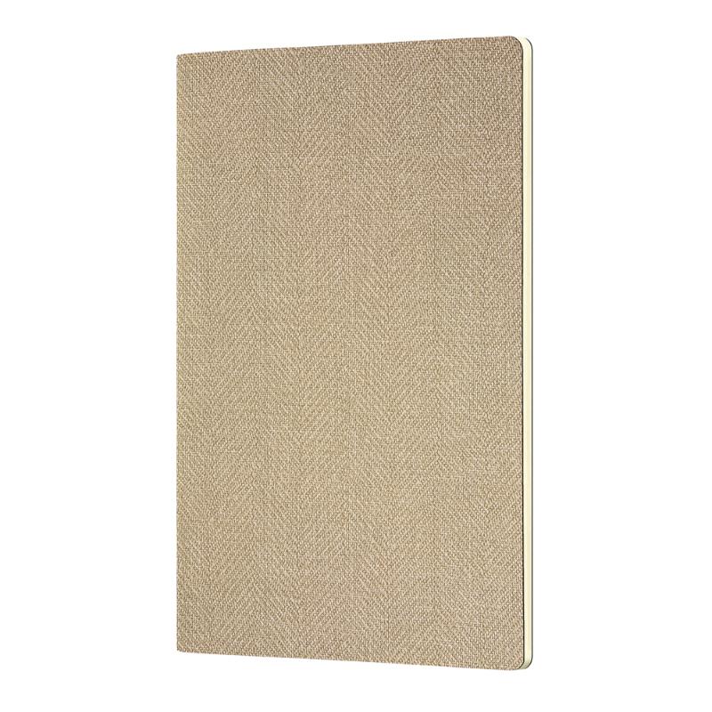 Elegant A5 soft cover notebook in Harris Sand with a tweed effect, ivory ruled paper, and black flyleaves, crafted in Italy.