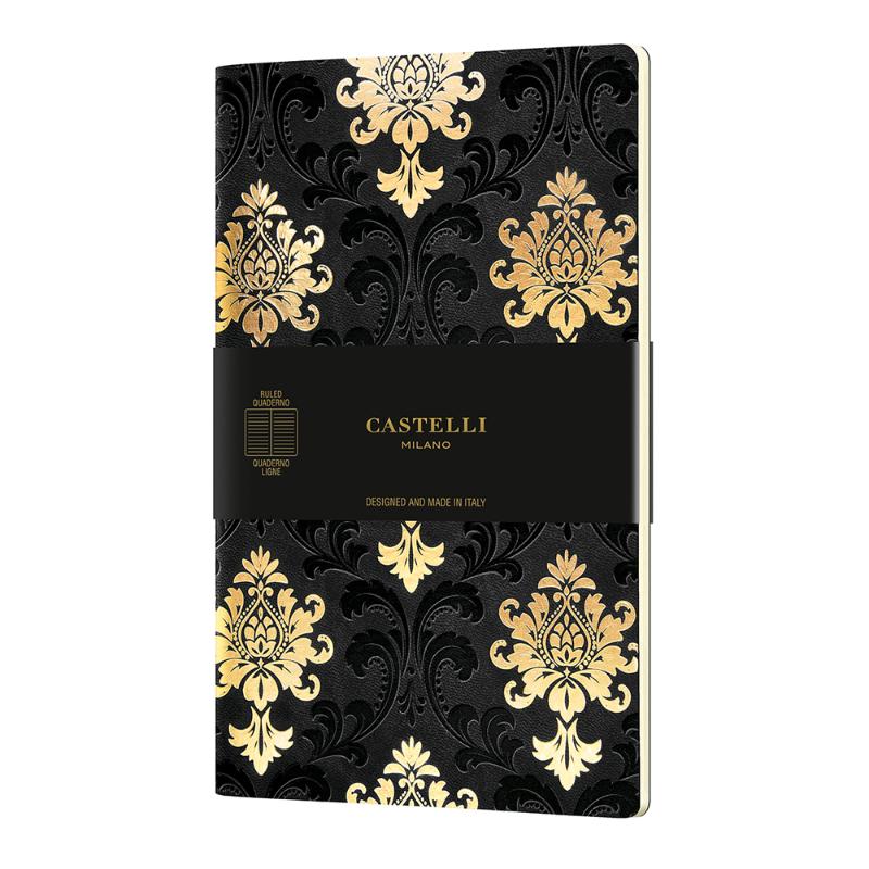 A5 soft cover notebook with a luxurious Baroque Gold embossed design, perfect for journaling and artistic endeavors.