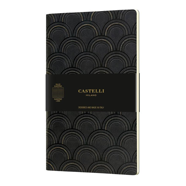 Elegant A5 notebook with a gold Art Deco cover, soft exterior, eco-friendly materials, and luxury Italian craftsmanship.