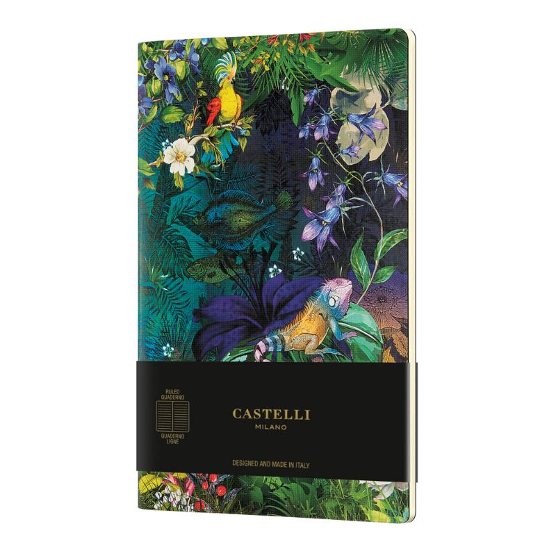 Castelli Quaderno A5 notebook with soft cover, featuring vibrant foliage and hidden animal illustrations, eco-friendly design.