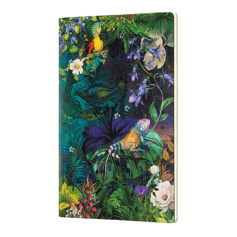 Elegant A5 notebook featuring animal illustrations among vibrant foliage, with durable cover and eco-friendly FSC certified paper.