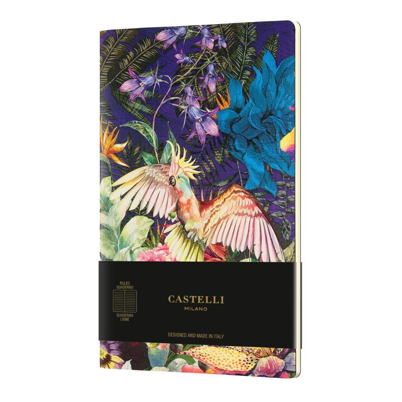 A5 soft cover notebook featuring vibrant cockatiel illustrations amid colorful foliage on high-quality ivory paper.