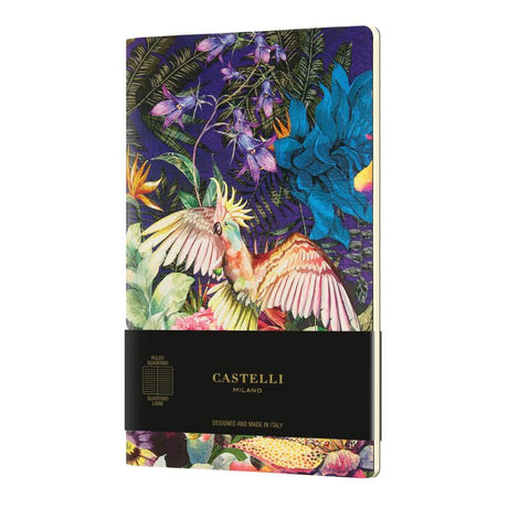 A5 soft cover notebook featuring vibrant cockatiel illustrations amid colorful foliage on high-quality ivory paper.