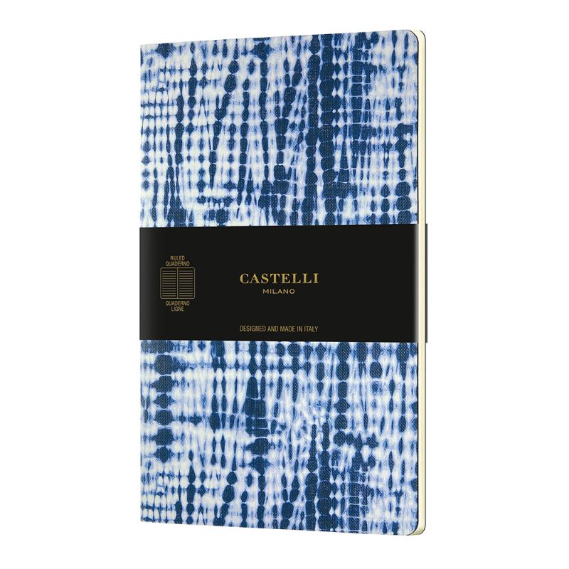 Soft cover A5 notebook featuring blue Shibori patterns, eco-friendly materials, and rounded corners for durability.