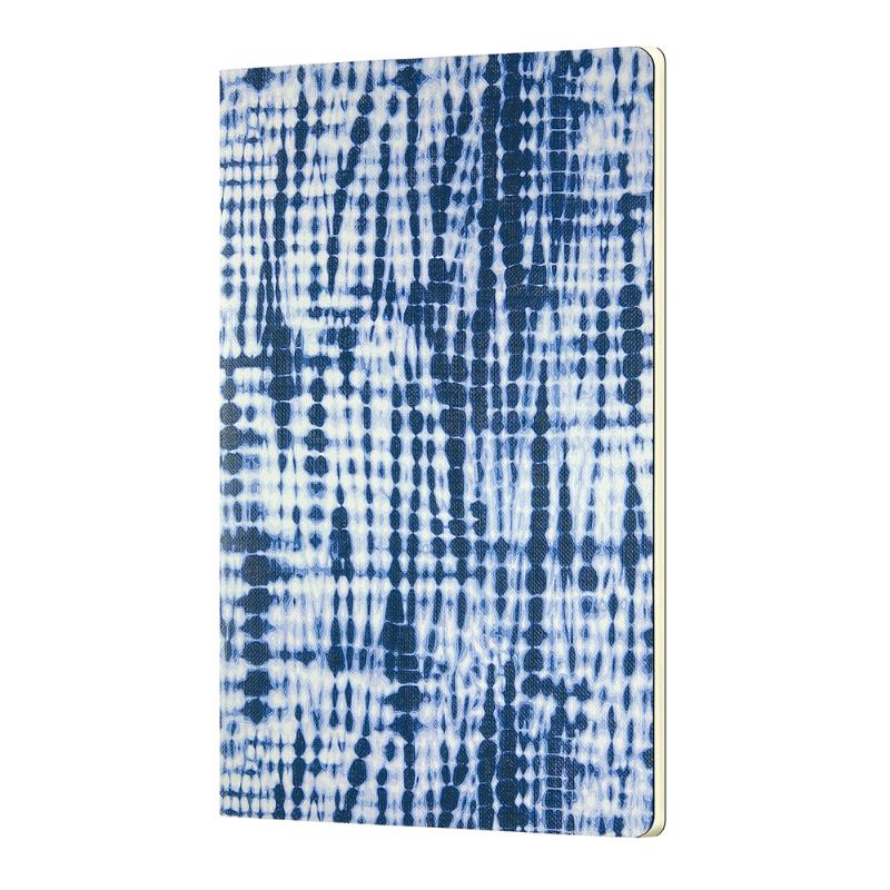 A5 soft cover notebook with blue Shibori patterns, FSC certified, featuring rounded corners and 80 gsm paper for smooth writing.