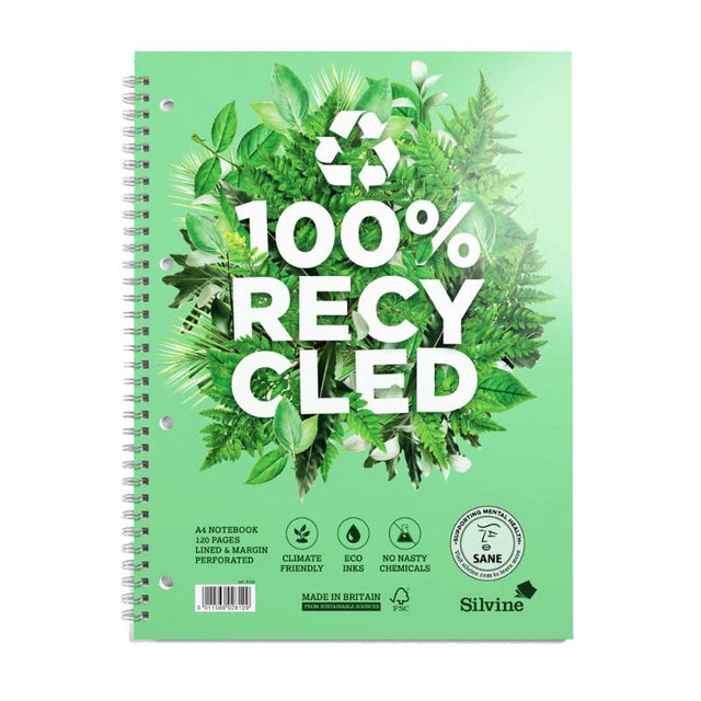 Eco-friendly Silvine A4+ twin wire notebook with 120 ruled pages and convenient margin, perfect for writing and note-taking.