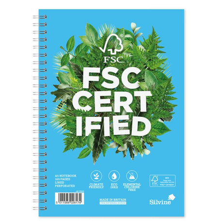 Silvine A5 twin wire notebook with 160 ruled pages, perforated for easy tear-out, eco-friendly FSC-certified paper.