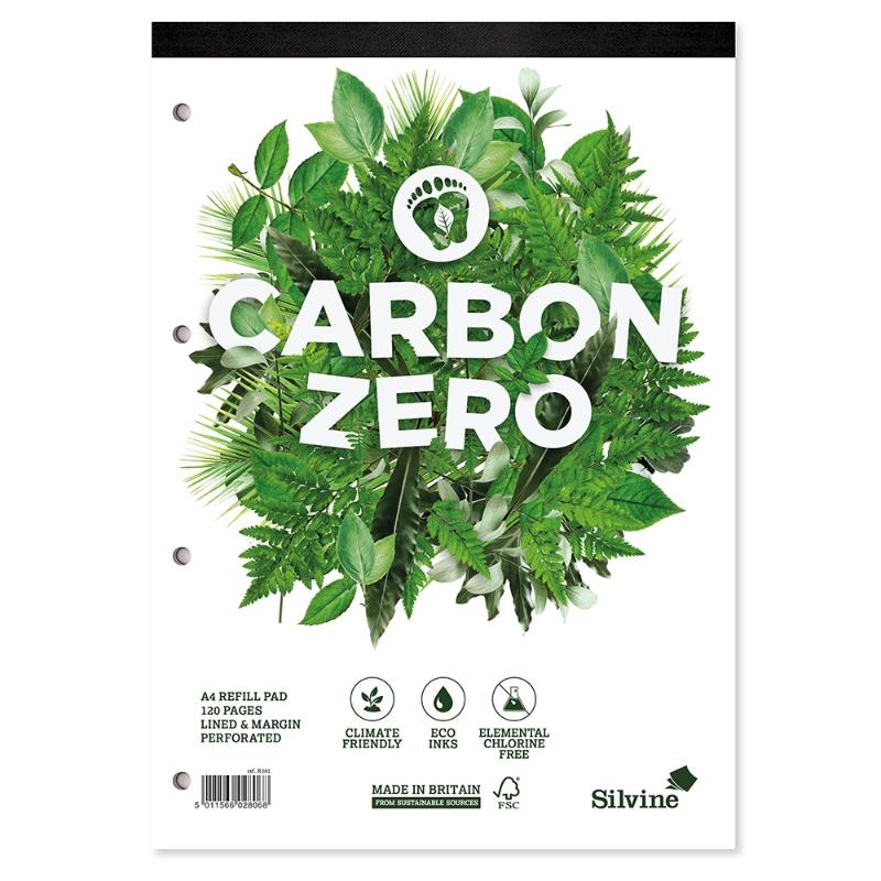 Silvine Carbon Zero A4 refill pad with 120 ruled pages, eco-friendly design, perforated for easy removal.