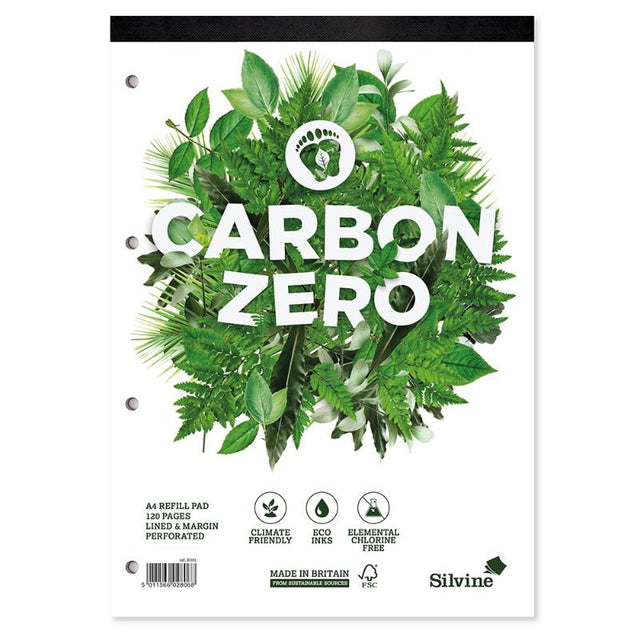 Silvine Carbon Zero A4 refill pad with 120 ruled pages, eco-friendly design, perforated for easy removal.