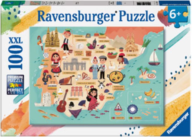 Colorful 100-piece puzzle featuring a detailed map of Spain and Portugal for children, enhancing geography skills and fun.