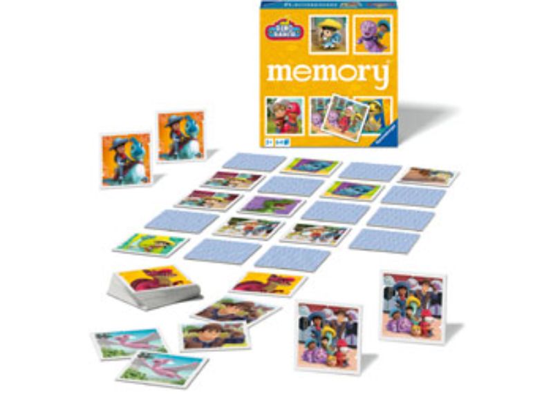 Memory game for ages 3+, featuring vibrant Dino Ranch characters, designed to enhance memory and cognitive skills.