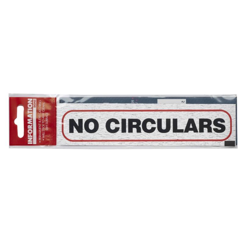 Self-adhesive brushed aluminum "No Circulars" sign, 170x40mm, ideal for indoor/outdoor use to prevent junk mail.