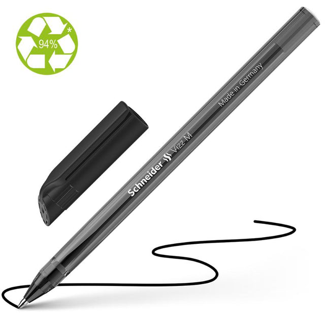 Schneider Ballpoint Pen Vizz Medium Black with transparent barrel, sleek design, and eco-friendly 94% recycled plastic body.