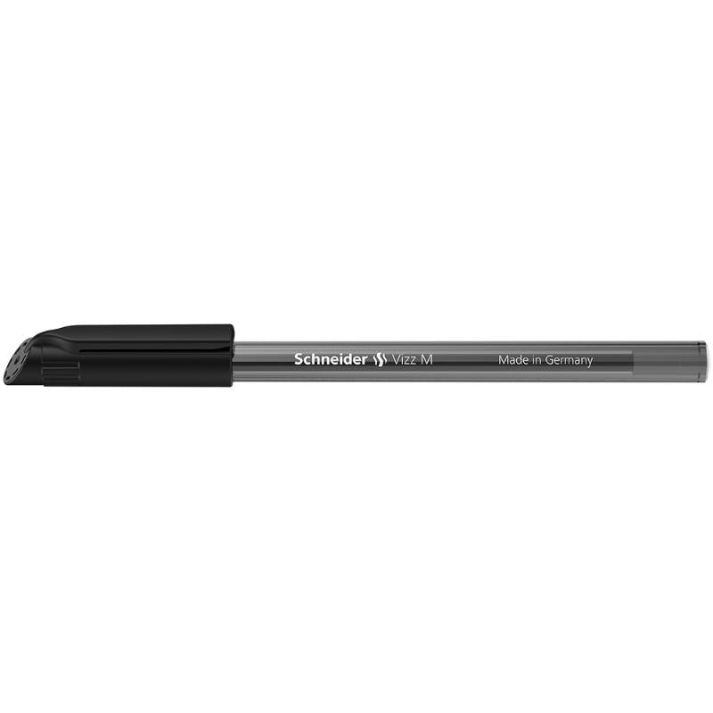 Schneider Vizz Medium Black ballpoint pen with transparent barrel, eco-friendly design, and smooth gel technology for effortless writing.