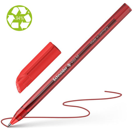 Schneider Vizz Medium Red ballpoint pen with eco-friendly design, transparent body, and smooth Gelco technology for effortless writing.