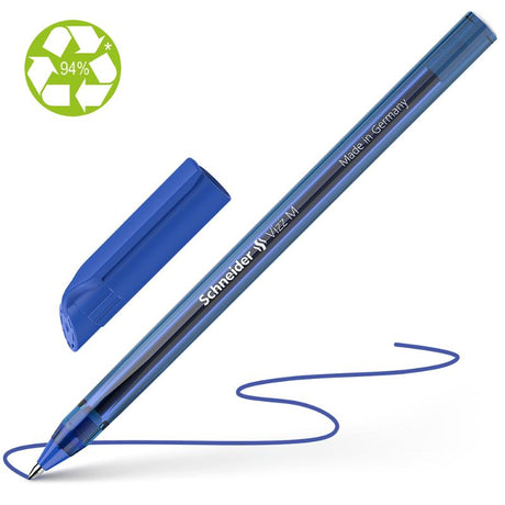 Schneider Vizz medium blue ballpoint pen showcasing a transparent body, ergonomic design, and eco-friendly materials.