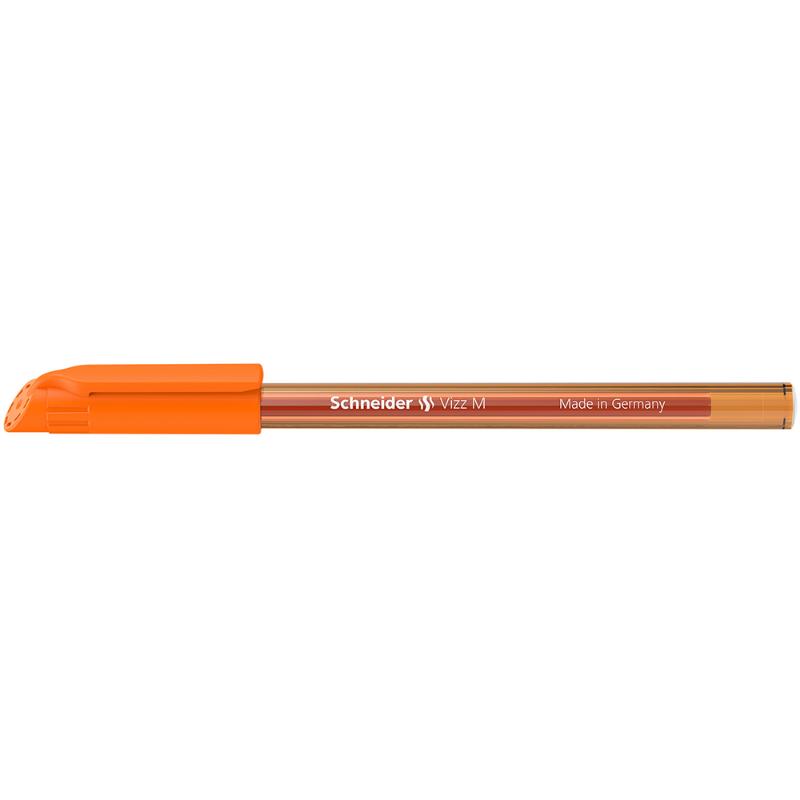 Vibrant orange Schneider Vizz pen with transparent barrel, smooth Gelco® technology, and eco-friendly design.