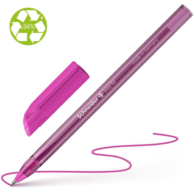 Stylish Schneider Vizz medium pink ballpoint pen, featuring smooth writing and eco-friendly design, perfect for creatives.