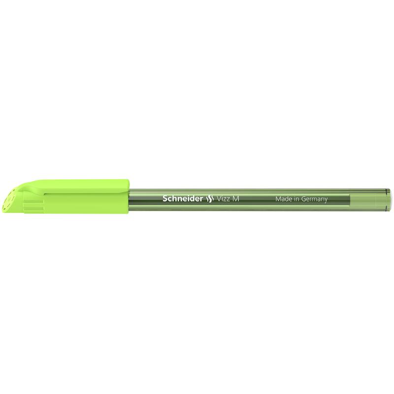 Schneider Vizz Ballpoint Pen in light green, featuring smooth Gelco technology, stainless steel tip, and eco-friendly design.