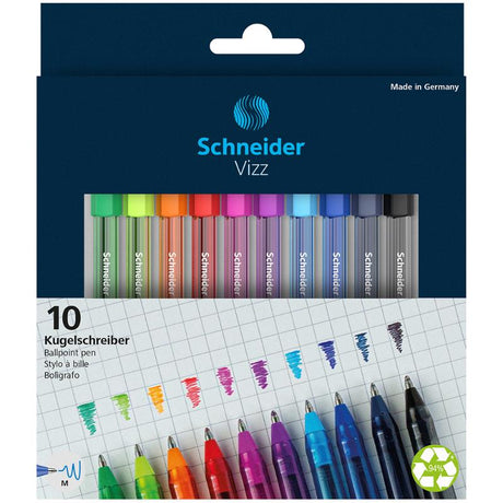 Colorful assortment of 10 Schneider Vizz ballpoint pens featuring smooth writing and eco-friendly design in recycled plastic.