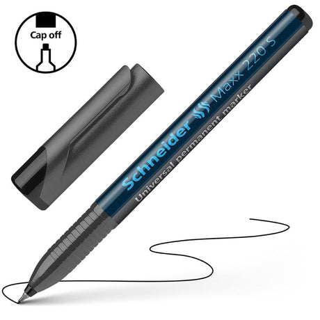 Schneider Maxx Superfine 220 Black marker, 0.4mm, waterproof, low-odour, refillable, ideal for various surfaces.