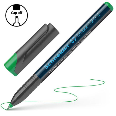 Schneider Maxx Superfine 220 Green marker, 0.4 mm line, versatile for various surfaces with cap-off ink technology.