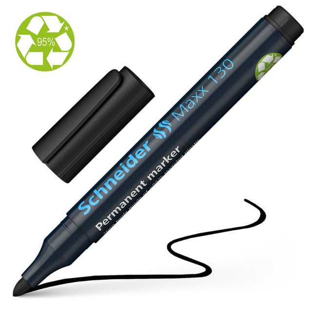 Schneider Maxx 130 Black permanent marker with bullet tip, ideal for diverse surfaces, quick-drying ink, and eco-friendly design.