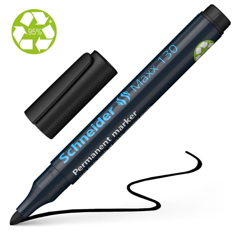 Schneider Maxx 130 Black permanent marker with bullet tip, quick-drying ink, clip cap, and eco-friendly design.