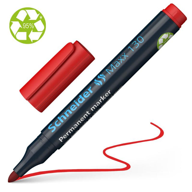 Red Schneider Maxx 130 permanent marker with bullet tip, quick-drying ink, eco-friendly, and ideal for multiple surfaces.